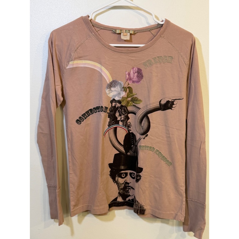 90s Y2K FCUK Jeans French Connection Mauve Surrealist Graphic Long Sleeve Tee M